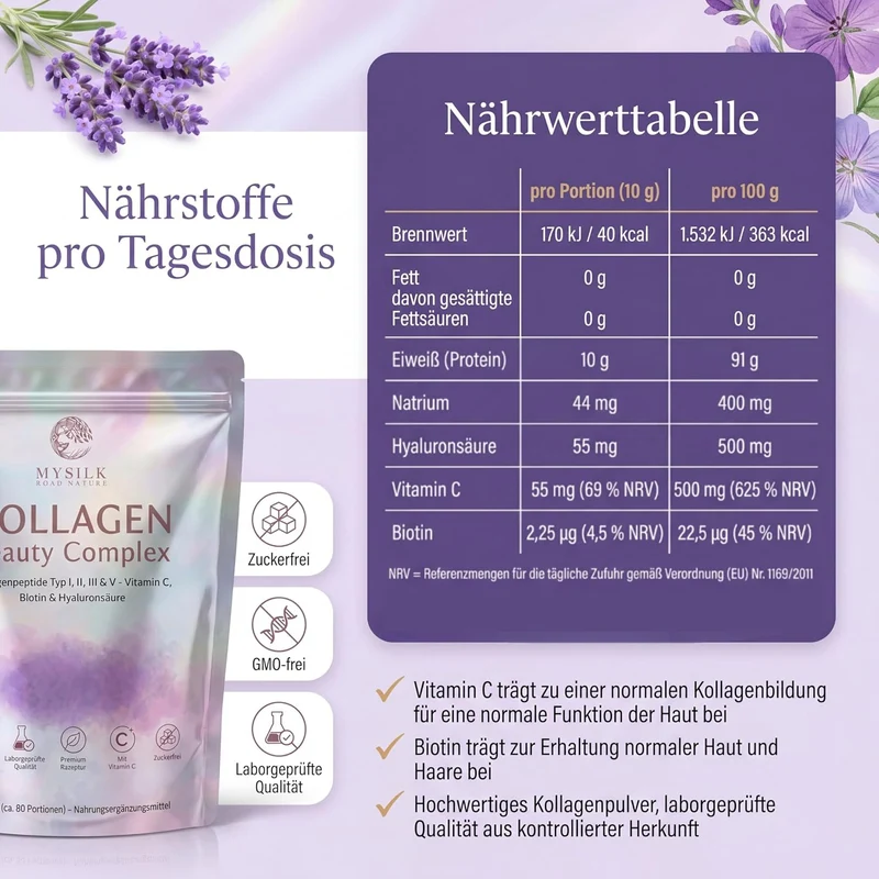 Kollagenpulver Typ I–V 450 g – mit Vitamin C, Biotin & Hyaluronsäure, geschmacksneutral