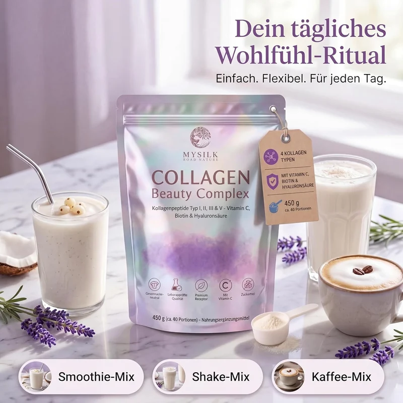 Kollagenpulver Typ I–V 450 g – mit Vitamin C, Biotin & Hyaluronsäure, geschmacksneutral
