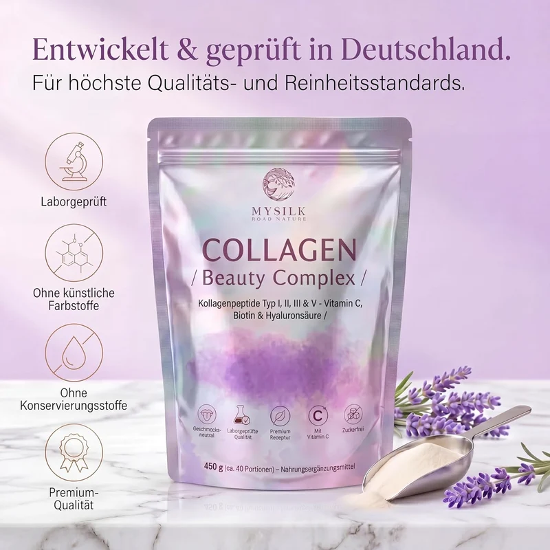 Kollagenpulver Typ I–V 450 g – mit Vitamin C, Biotin & Hyaluronsäure, geschmacksneutral