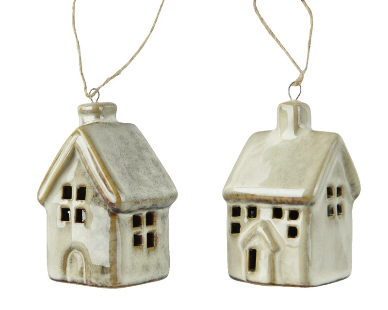 Porzellan-Hängefigur Haus, 2er-Set, hellbraun, 4,5 x 3,5 x 7 cm