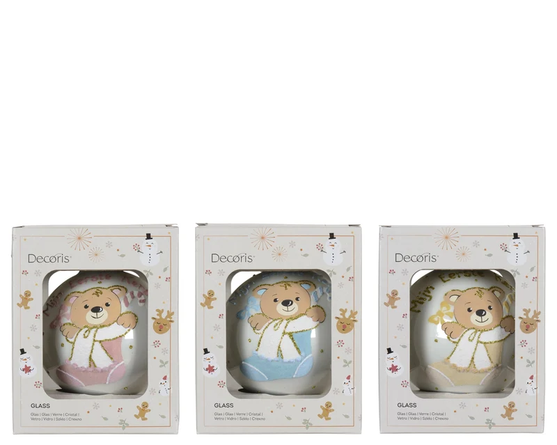 Kerstbal glas enamel bear in sok nl 3ass assortie D.10cm