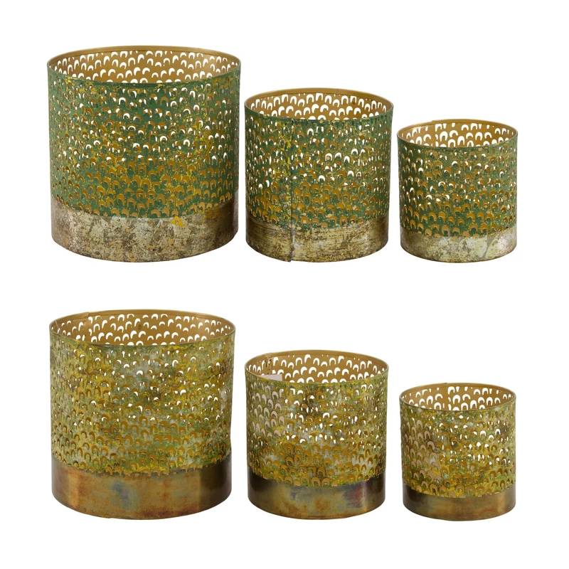 Set/3 Tealight holder metal 12x12x12cm 2 mixed Green/Gold