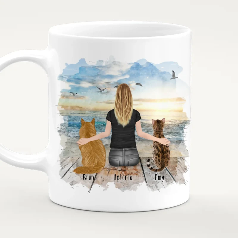 Personalisierte Tasse mit Katze und Frau (2 Katzen + 1 Frau)