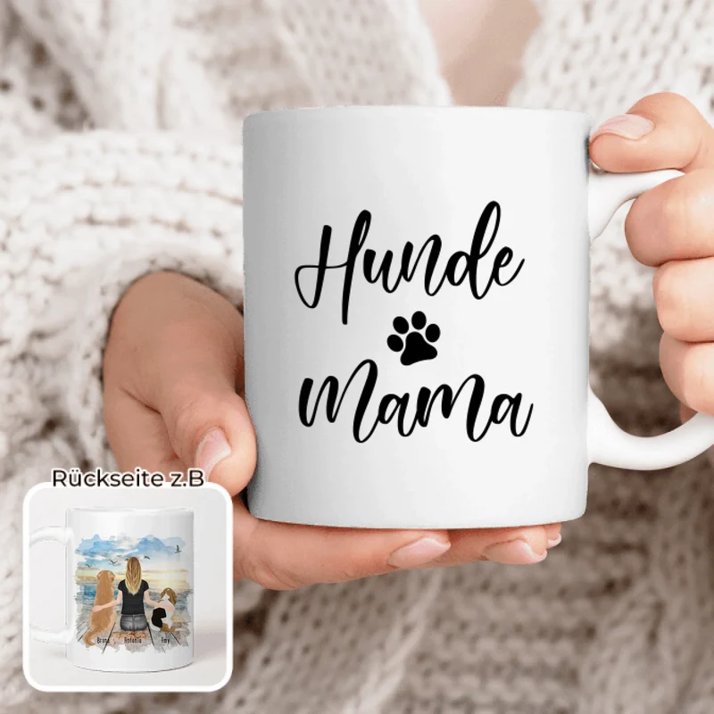 Personalisierte Tasse mit Hund und Frau (2 Hunde + 1 Frau)