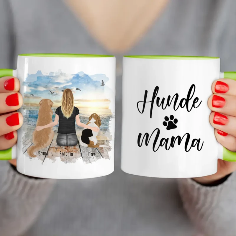 Personalisierte Tasse mit Hund und Frau (2 Hunde + 1 Frau)