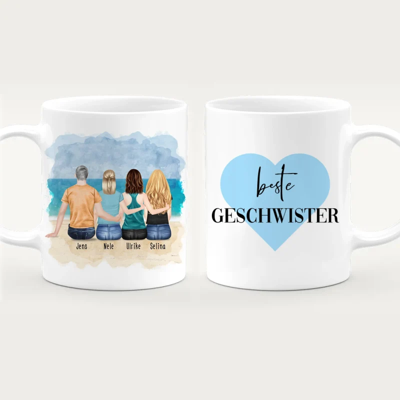 Personalisierte Tasse mit Bruder/Schwester (3 Schwestern + 1 Bruder)