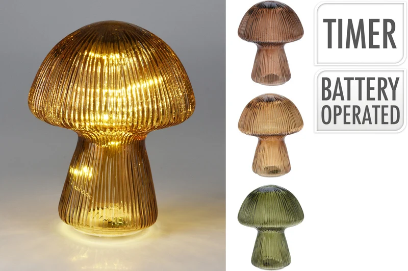 PADDENSTOEL GLAS MET LED D16 H20CM 3 ASSORTIE KLEUREN