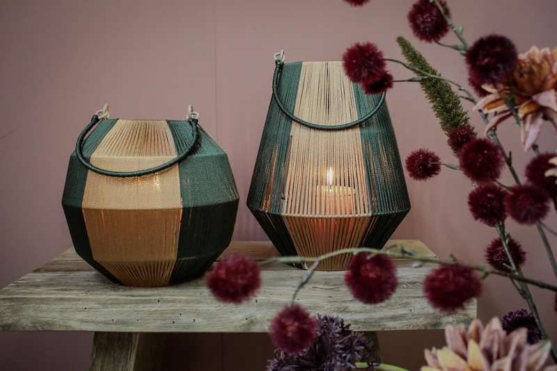 pc. 1 fabric lantern/hanging green/gold 20x24 cm