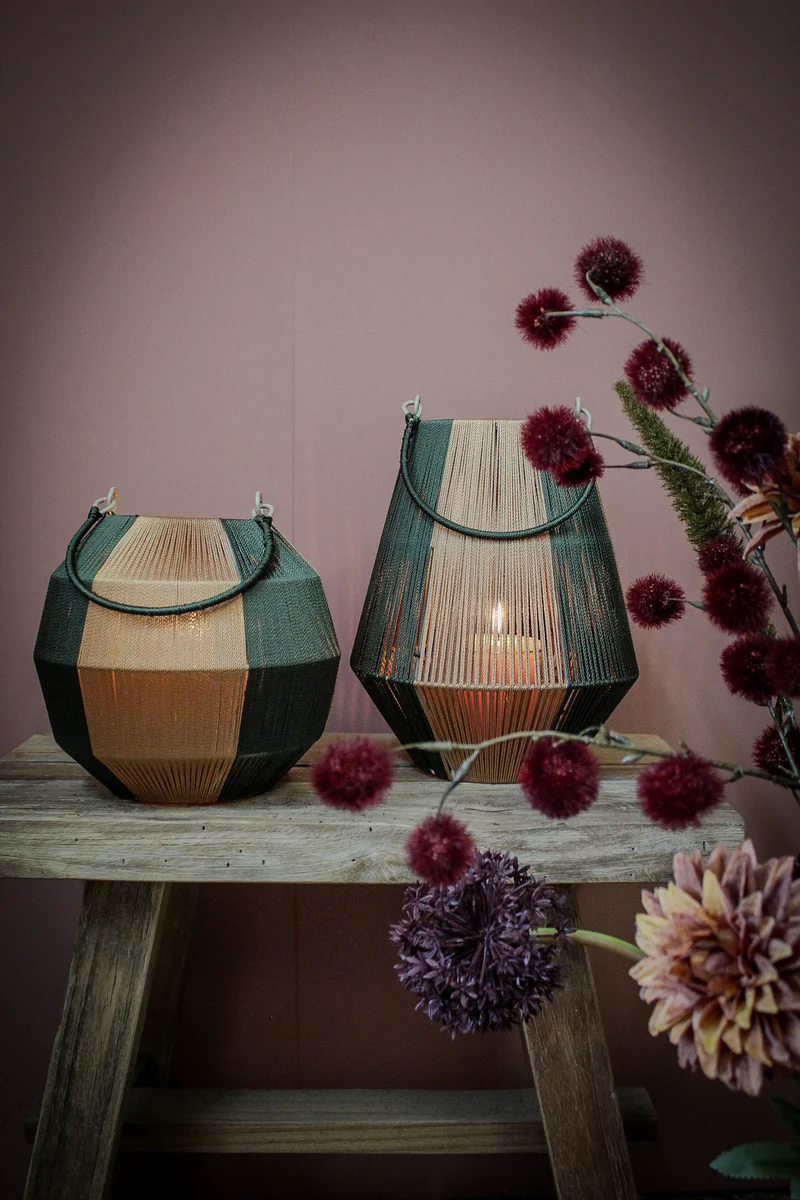 pc. 1 fabric lantern/hanging green/gold 20x24 cm