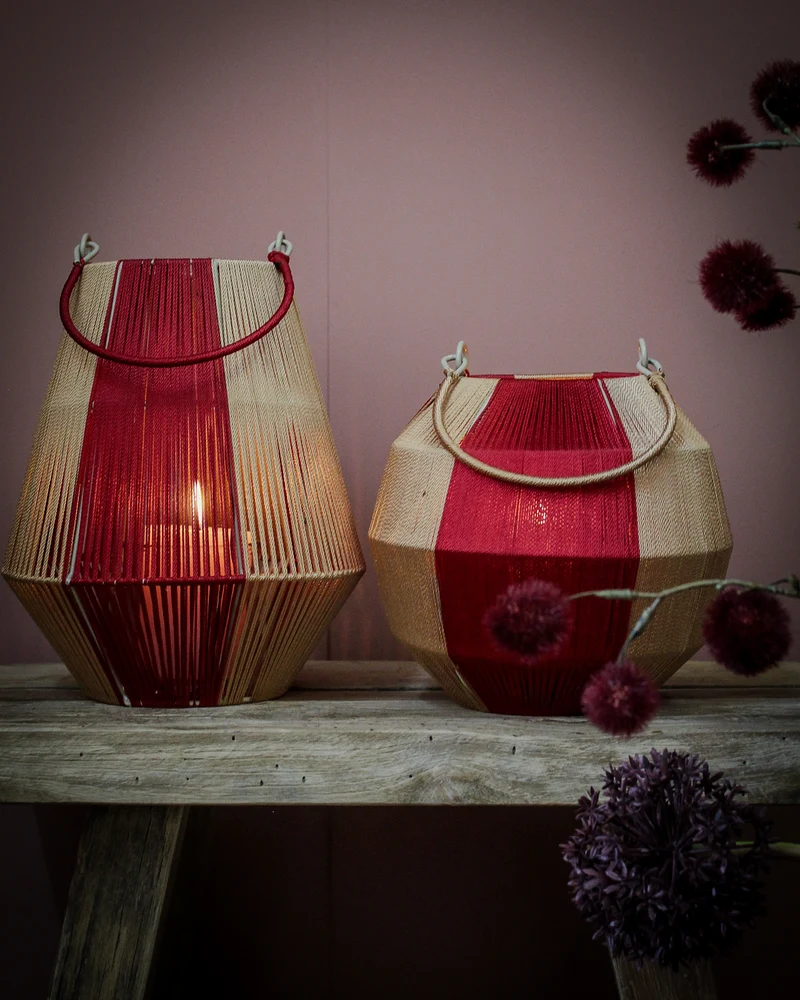 pc. 1 fabric lantern/hanging dark red/gold 19,5x17,5 cm