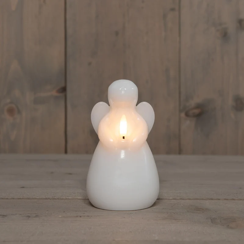 LED-Kerze Engel aus Wachs mit 3D-Flamme, batteriebetrieben, mit Timer, D8,5 x H14,5 cm, weiß