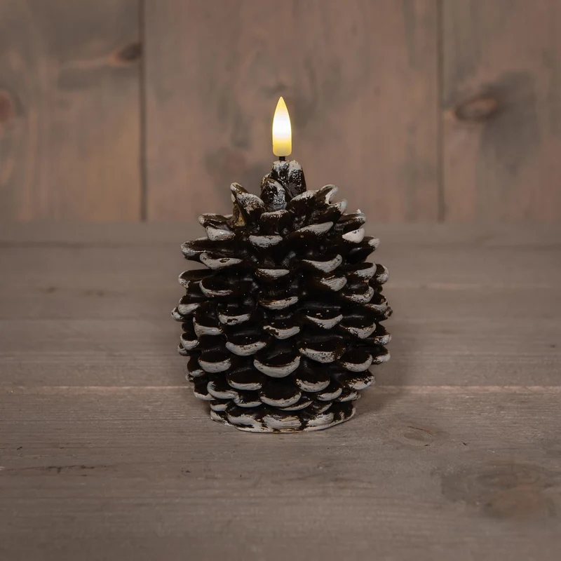 LED-Kerze mit Tannenzapfen-Motiv, 3D-Flamme, batteriebetrieben, mit Timer, 10 x 8,5 cm, braun