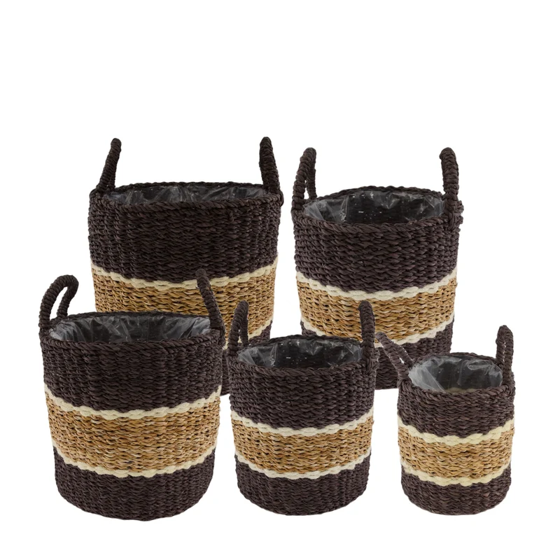 Set/5 Korb rund Seegras mit Kunststoff 38x38x36cm Schwarz/Weiß
