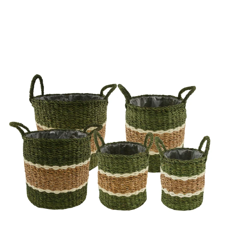 Set/5 Korb rund Seegras mit Kunststoff 38x38x36cm Grün/Weiß
