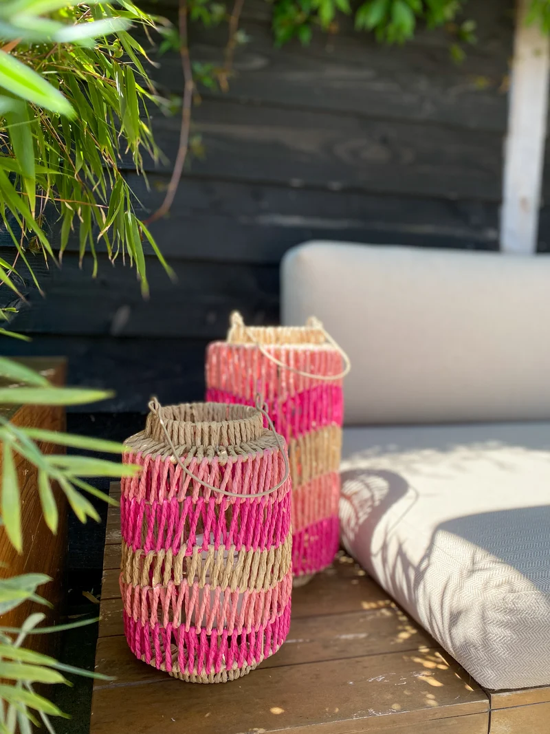 Laterne Papierseil mit Glas 17.5x17.5x26cm Pink Mix