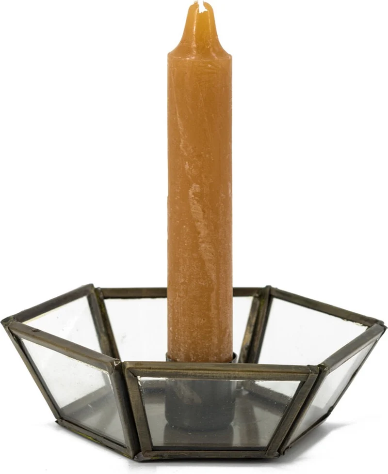Kandelaar zeshoek glas/metaal 3×12,5x9cm vintage goud