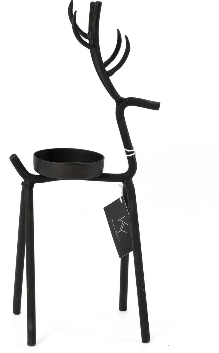Waxinelichthouder hert metaal 27x8x15cm zwart