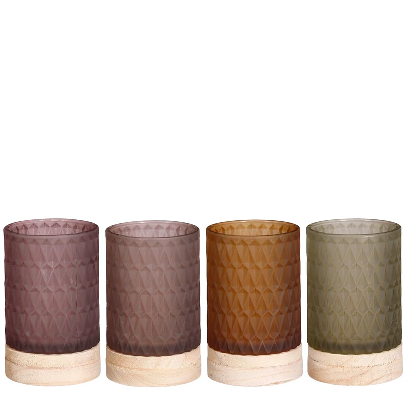 Teelichthalter auf Holzfuß, pfirsichbraun, hellbraun, grau, 4er Set, H14 x D8,5 cm