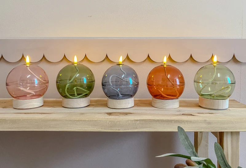 Led olielamp glas h16,5 Ø12 cm mahonie met timer