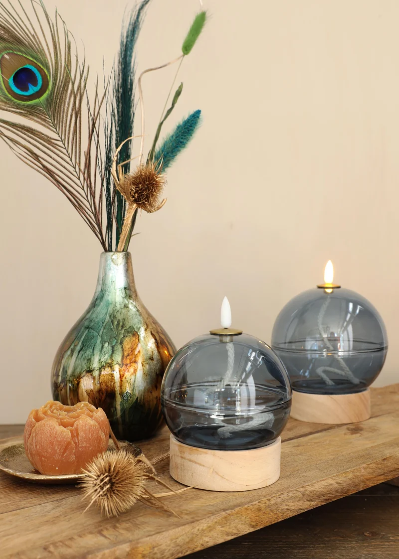 Led olielamp glas h16,5 Ø12 cm donkerblauw met timer