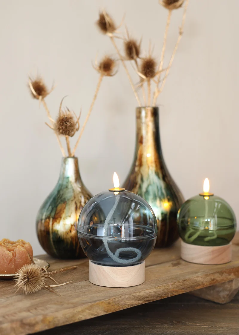 Led olielamp glas h16,5 Ø12 cm donkerblauw met timer