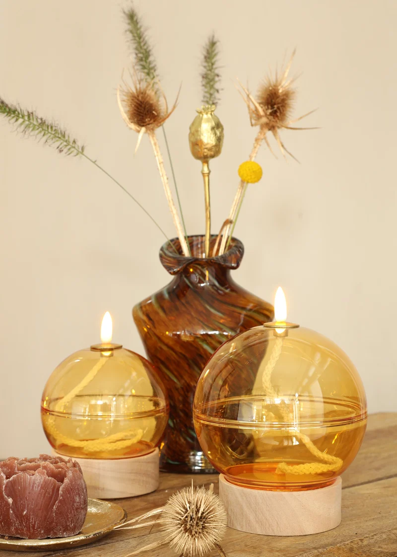 Led olielamp glas h16,5 Ø12 cm oker met timer