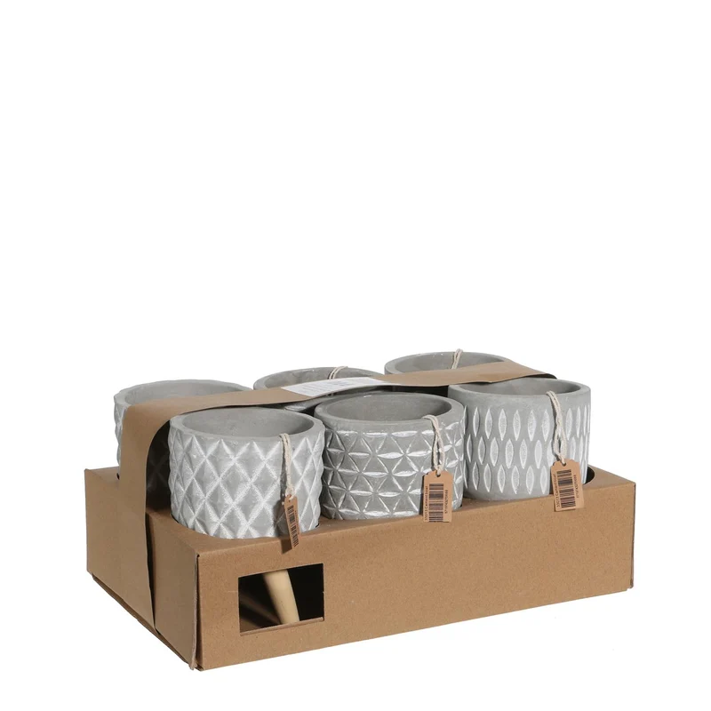 Cement pot met patroon en houten benen h.15,5 Ø10,5 cm