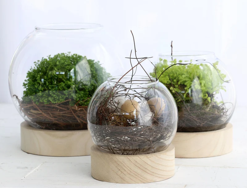 Glasvaas met houten basis Ø20 h.21cm
