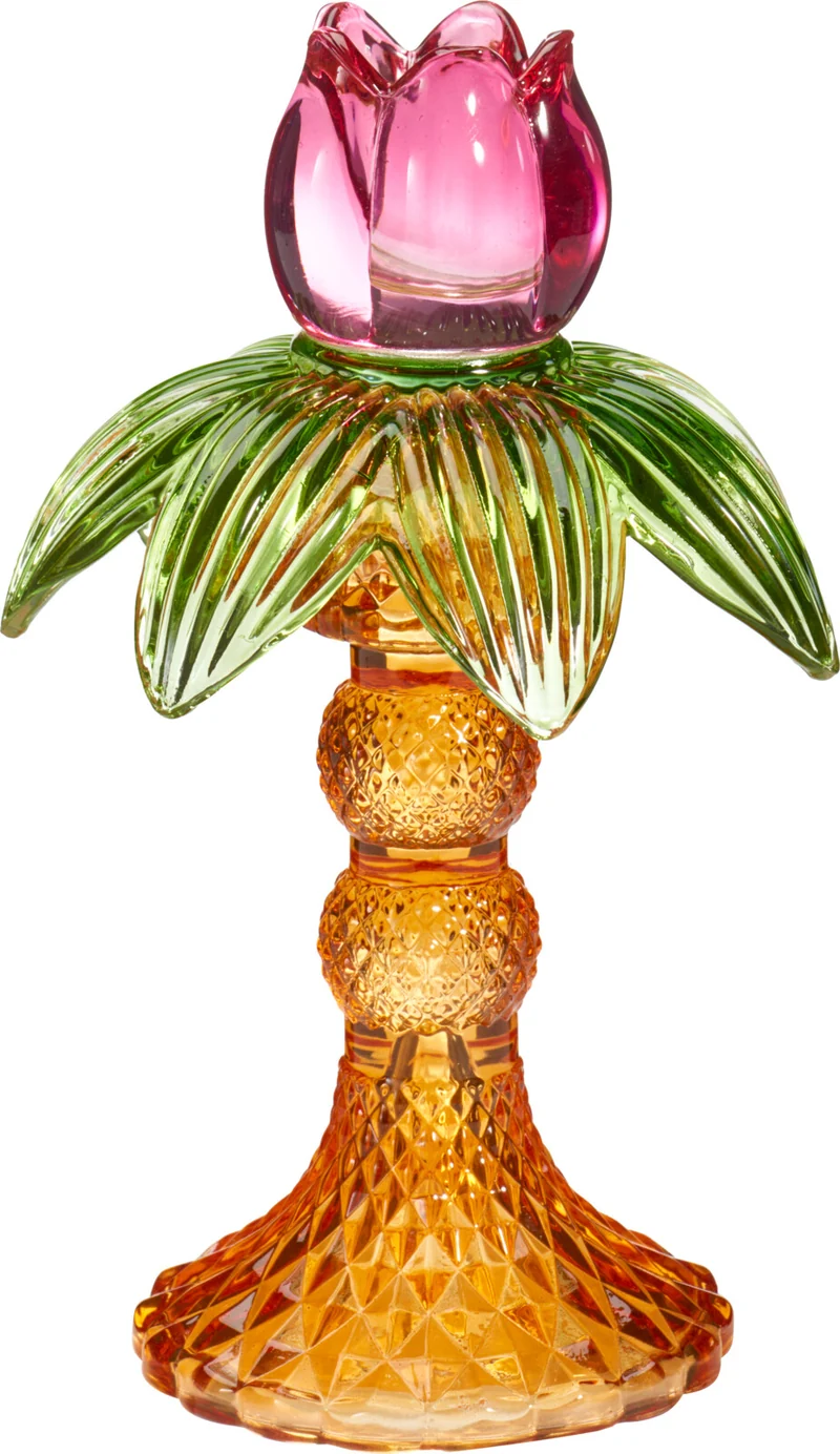 KANDELAAR GLAS PALMBOOM D11,3 H17,5CM 2 ASSORTIE KLEUREN