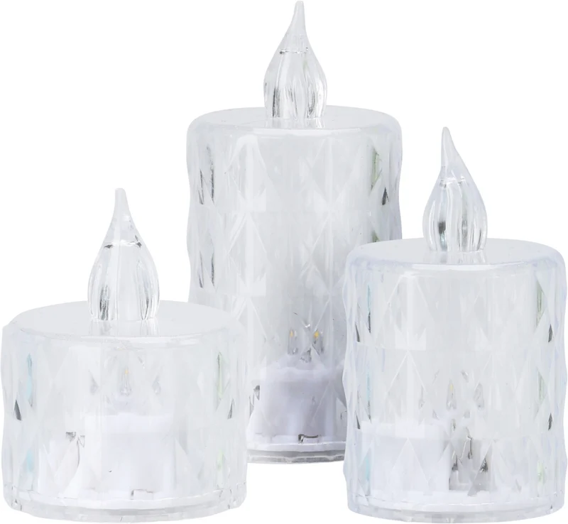 SET/3 KAARSJE MET LED STREEP DESIGN D3,8 H5/6,5/8CM 4 ASSORTIE KLEUR INCL 3xLR1130 BATTERIJEN