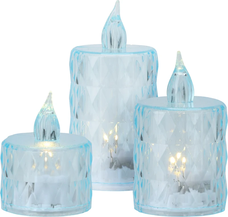 SET/3 KAARSJE MET LED STREEP DESIGN D3,8 H5/6,5/8CM 4 ASSORTIE KLEUR INCL 3xLR1130 BATTERIJEN