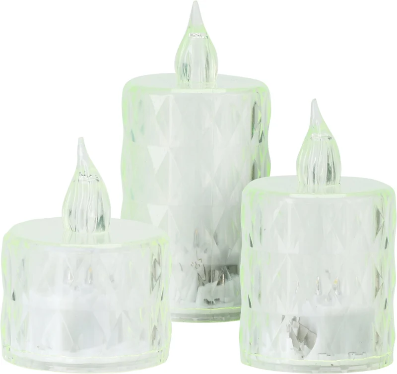 SET/3 KAARSJE MET LED STREEP DESIGN D3,8 H5/6,5/8CM 4 ASSORTIE KLEUR INCL 3xLR1130 BATTERIJEN
