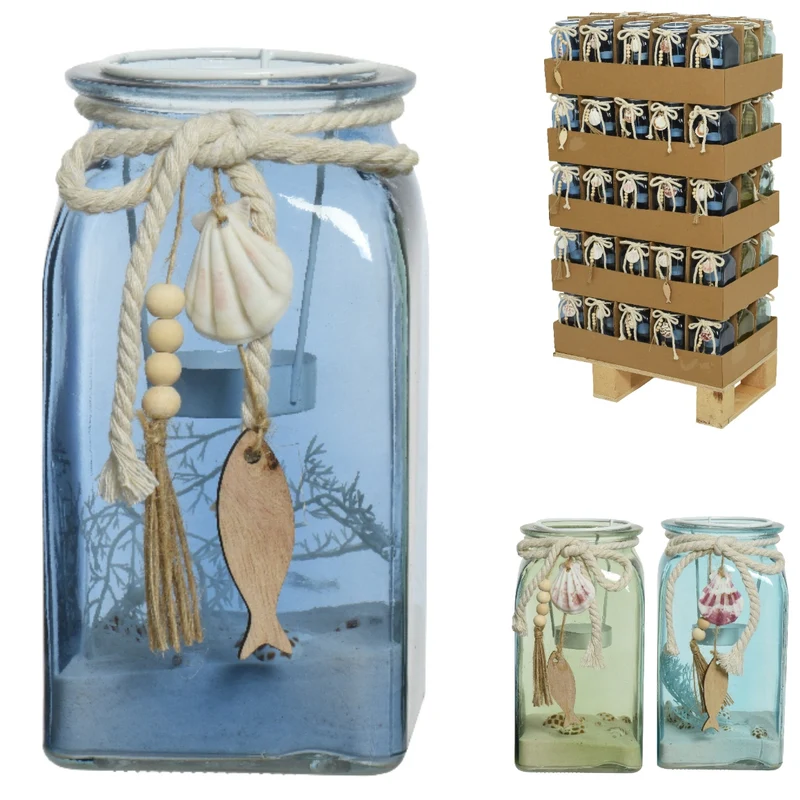 Teelichthalter mit Sand und Muscheln, Glas, Ø 9,5 cm, H 18 cm, 3-teilig