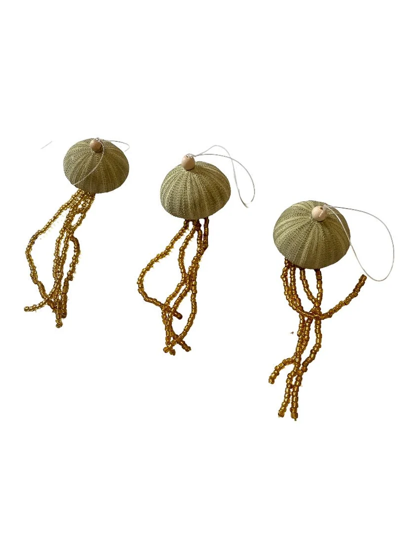 12x Zee-egel ornament hangend groen met gouden kralen D6 H18cm