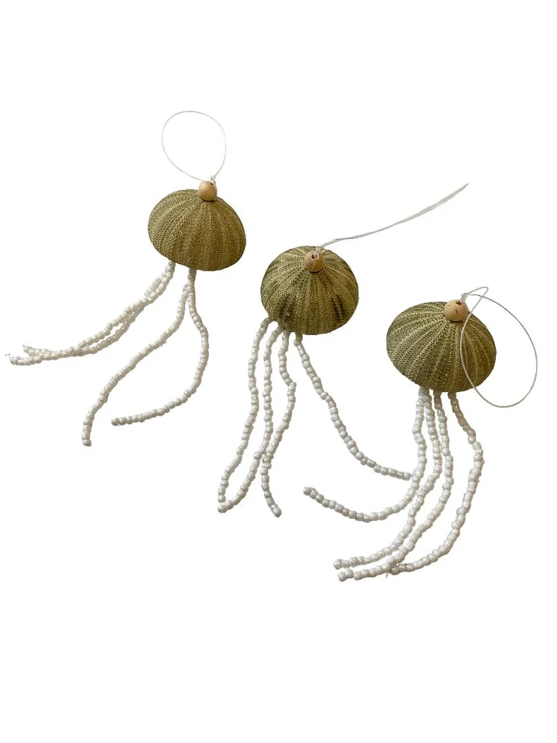 12x Zee-egel ornament hangend groen met witte kralen D6 H18cm