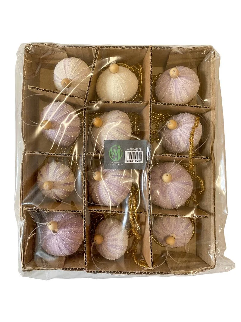 12x Zee-egel ornament hangend lila met gouden kralen D6 H18cm
