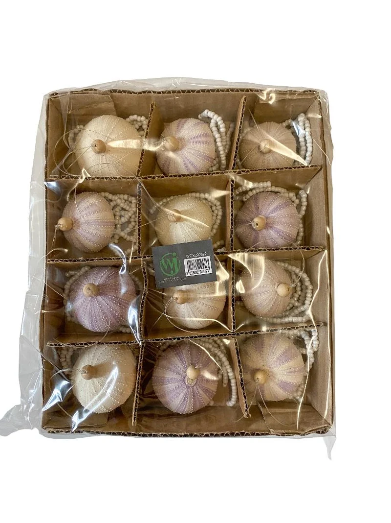 12x Zee-egel ornament hangend lila met witte kralen D6 H18cm