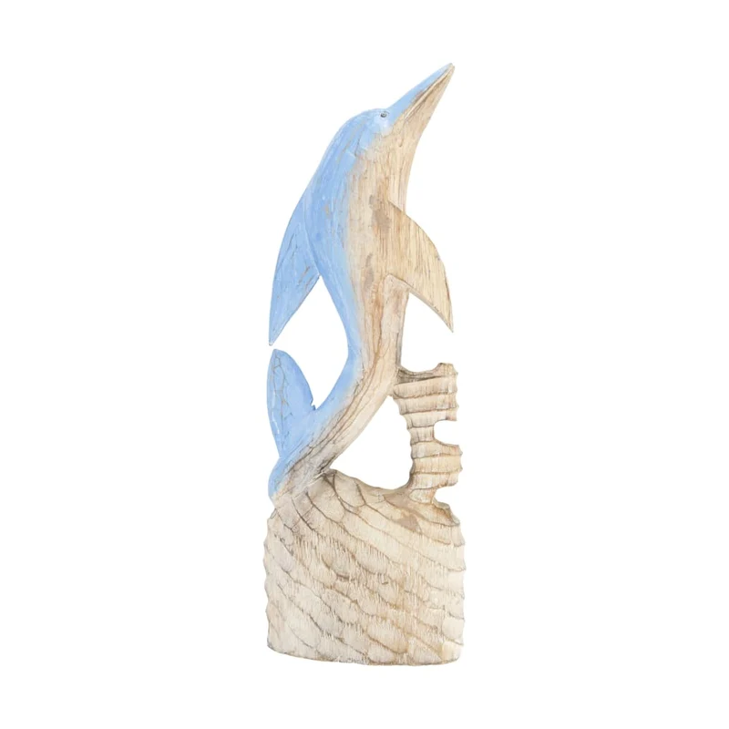 Statue Delphin Albasia Holz 22x8x58cm Blau/Weiß