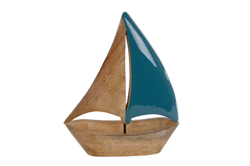 Skulptur Boot "Segel" L blau/natur Mango 35x28x3cm