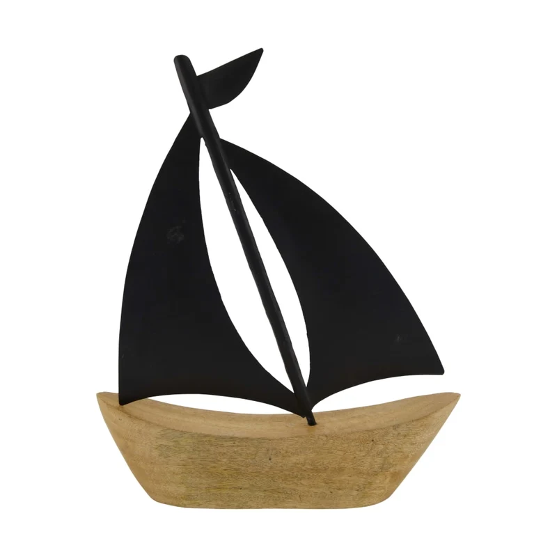 Boot aus Mangoholz mit Metalleinfassung, 28 x 4,5 x 35 cm, Natur/Schwarz