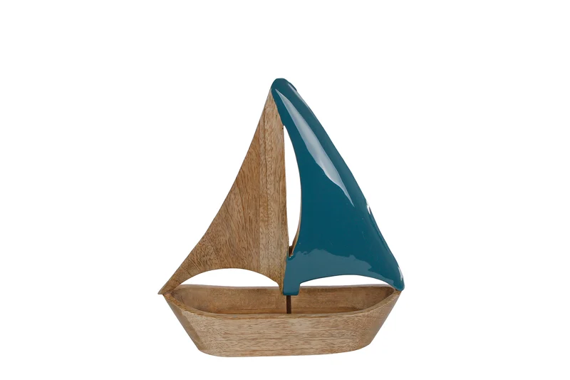 Skulptur Boot "Segel" S blau/natur Mango 25x23x3cm