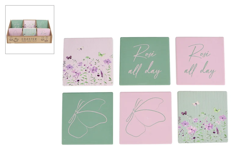 Untersetzer "Floral" mit Text rosa/grün 6-fach sortiert Steingut 10x10x0,5cm
