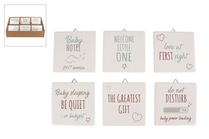 Fliese "Baby" mit Text 6-fach sortiert Steingut 10x10x0,7cm