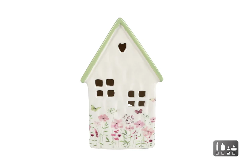Teelichthalter "House Floral" L grün Steingut 13x10x22cm