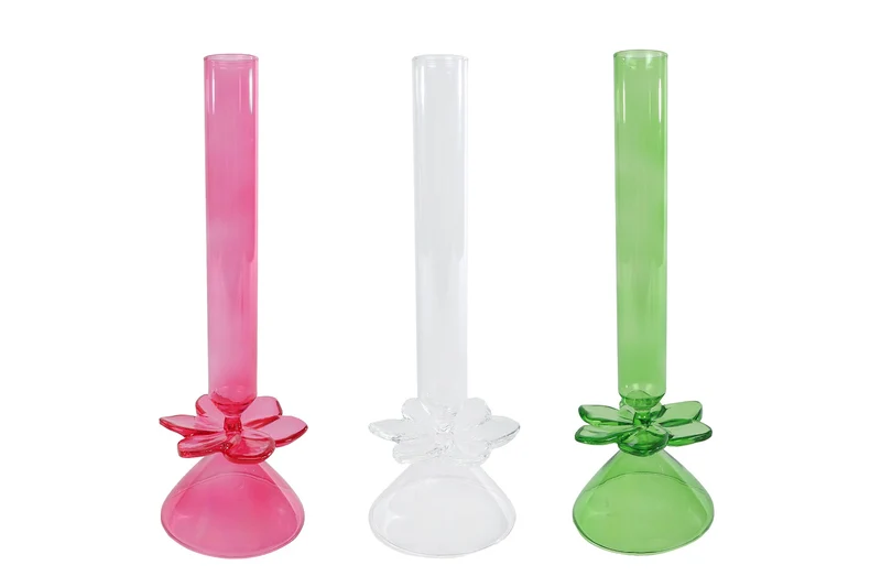 Vase "One-Flower" klar/grün/fuchsia 3-fach sortiert Glas 8x8x24cm