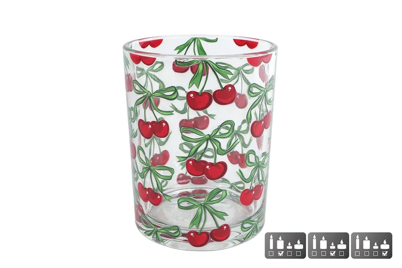 Teelichthalter "Cherries" M rot/grünes Glas 10x10x12,5cm