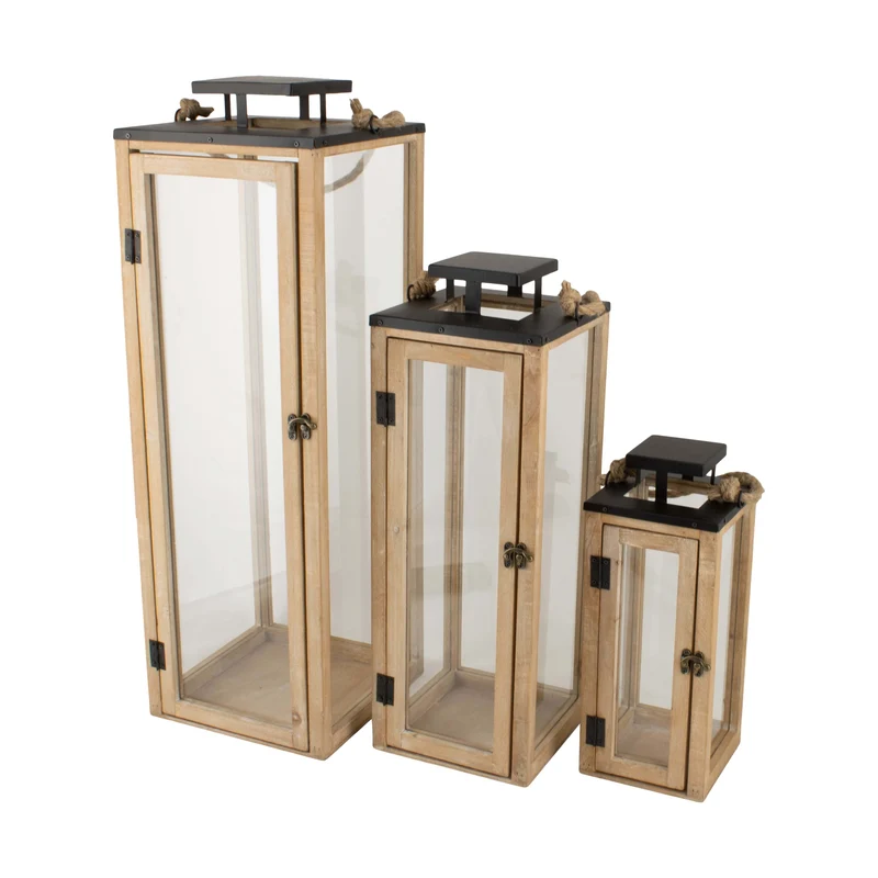Set/3 Laterne Tanne mit Metall und Glas 23.5x23.5x70cm Natur