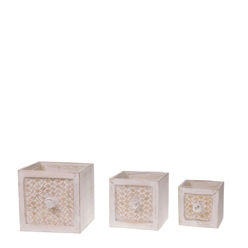 Set/3 Schubladengefäß Holz 18x18x18cm mit Kunststoff White-wash