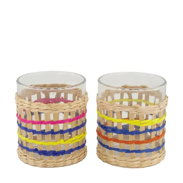 Teelichthalter mit Rattanglas 9x9x10cm 2-fach sortiert