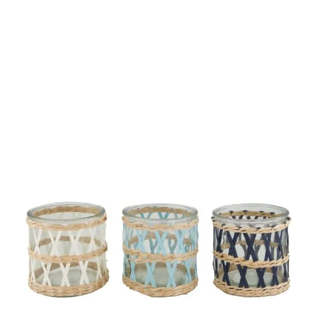 Teelichthalter mit Rattanglas 12x12x12cm 3 Blau Mix